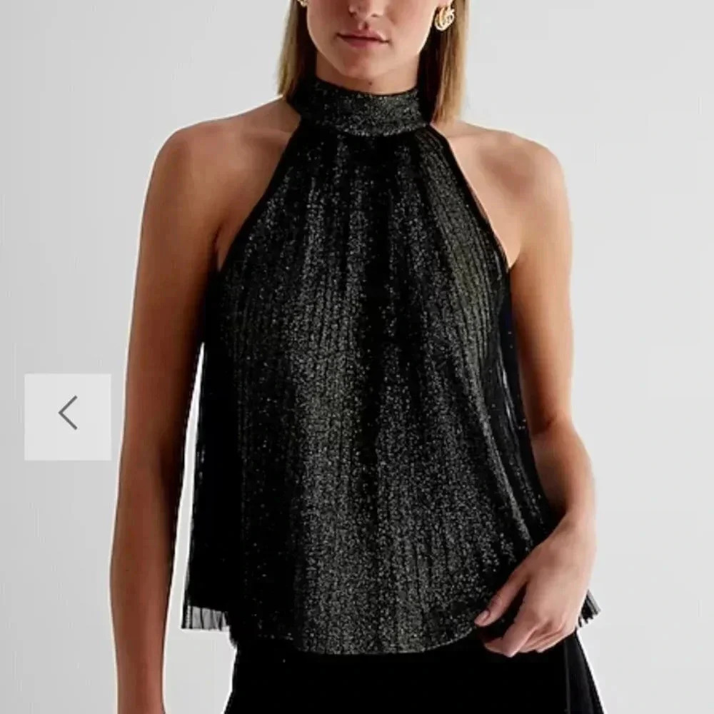 NEW ✨ EXPRESS Shine Tie Halter Neck Pleated Top Black and Gold Size X-Small